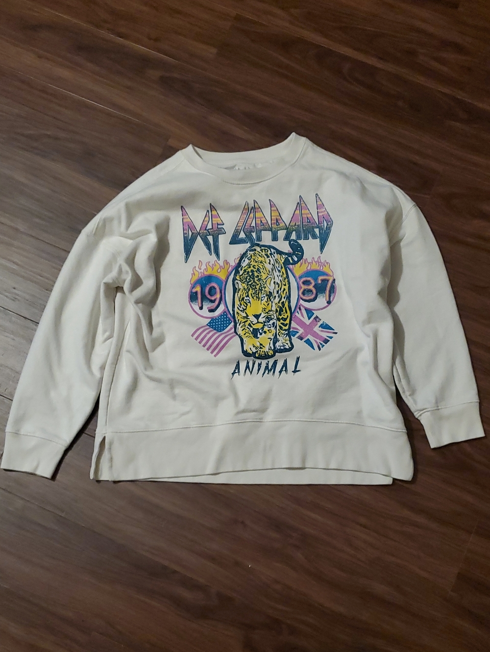 Def Leppard Cream Graphic Crewneck Sweatshirt with Animal Print